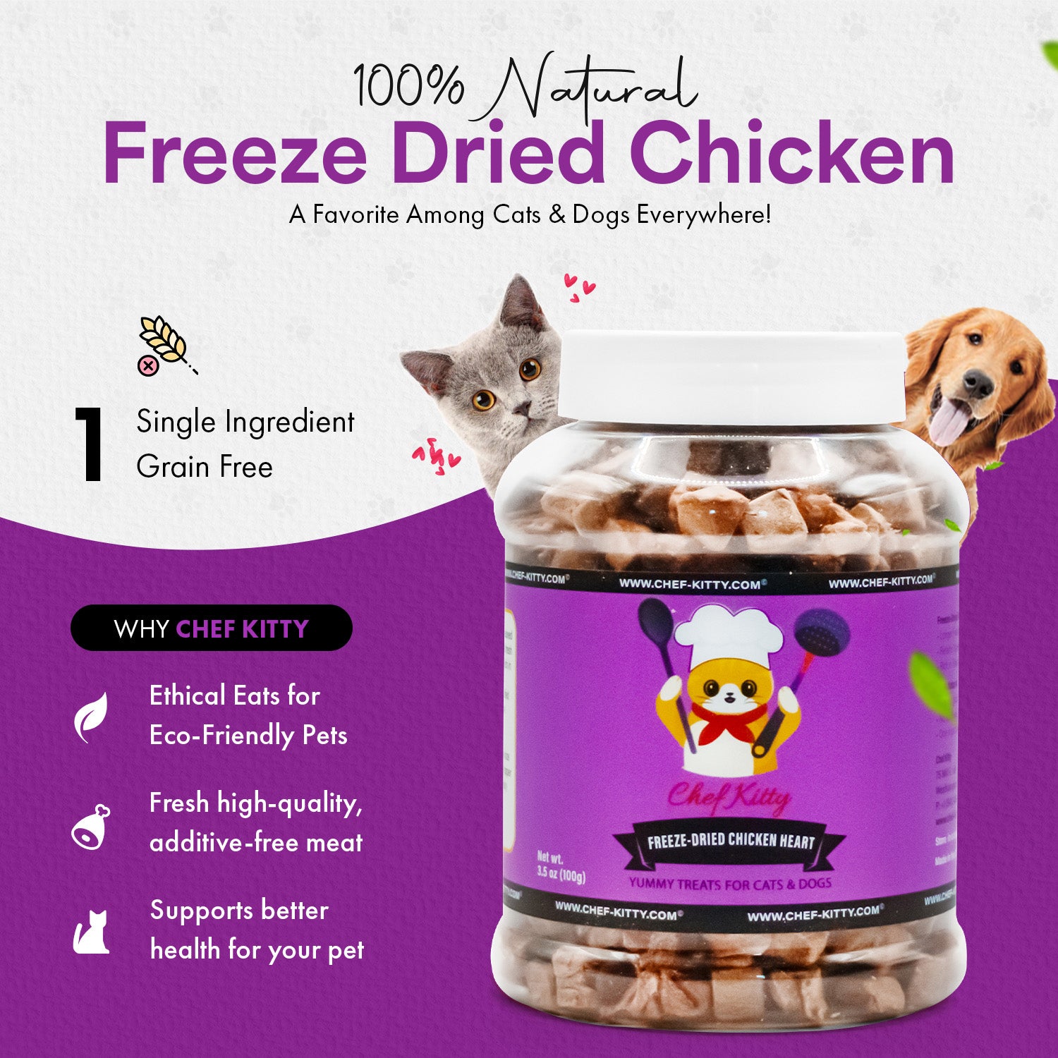 Freeze Dried Chicken Heart en - Only 1 Ingredient - Healthy, Raw, Dry Food for Indoor Cats\ Kittens, Dogs - Made in The USA - Chicken Heart (1.75oz-3.5o