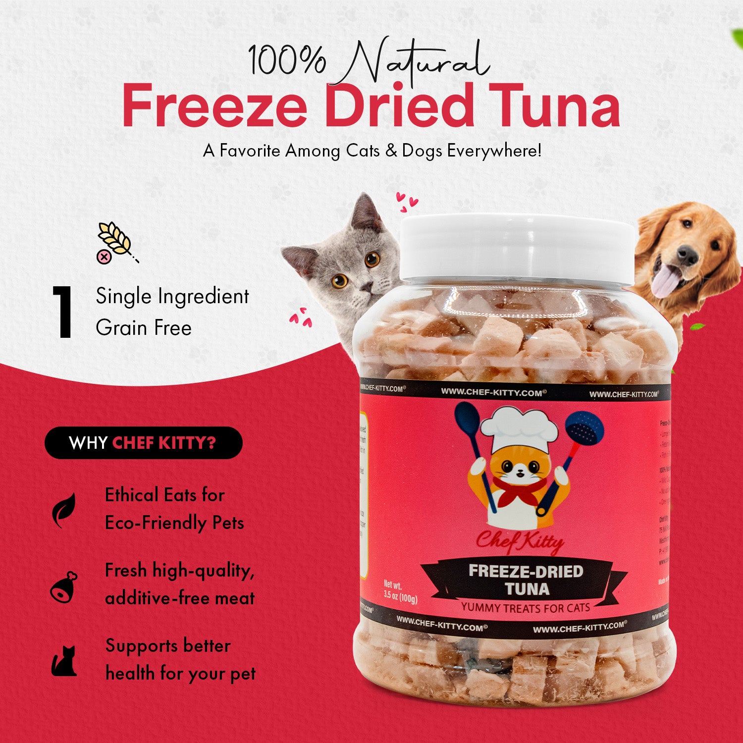 Freeze Dried Tuna Cat & Dog Treats - Made from 100% Wild Caught Tuna - Only 1 Ingredient - Healthy, Tasty, Dry Food for Indoor Cats, Kittens, Dogs - Inspected & Tested in the USA - Tuna (1.75oz-7.4oz)