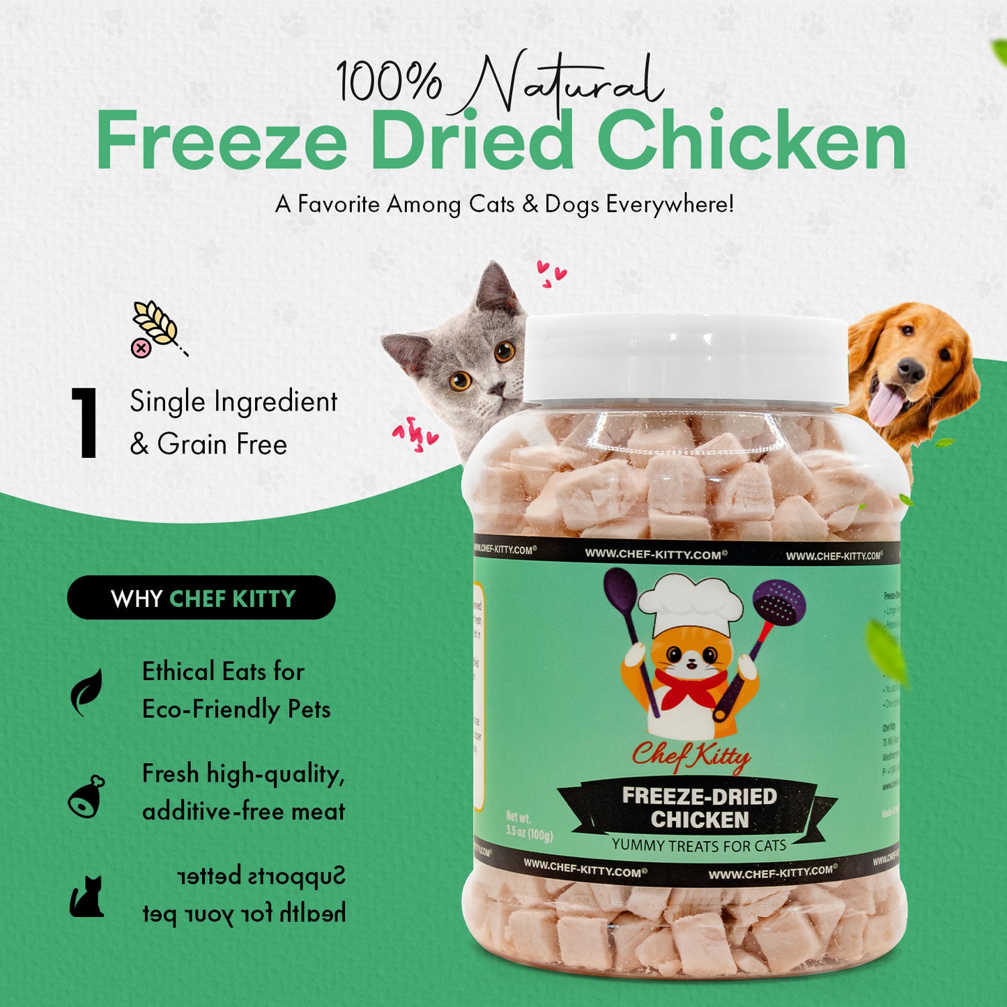 Freeze Dried Chicken Cat & Dog Treats - Made from 100% Human Grade Chicken Breast - Only 1 Ingredient - Healthy, Raw, Dry Food for Indoor Cats, Kittens, Dogs - Made in The USA - (1.75oz-7.7oz)